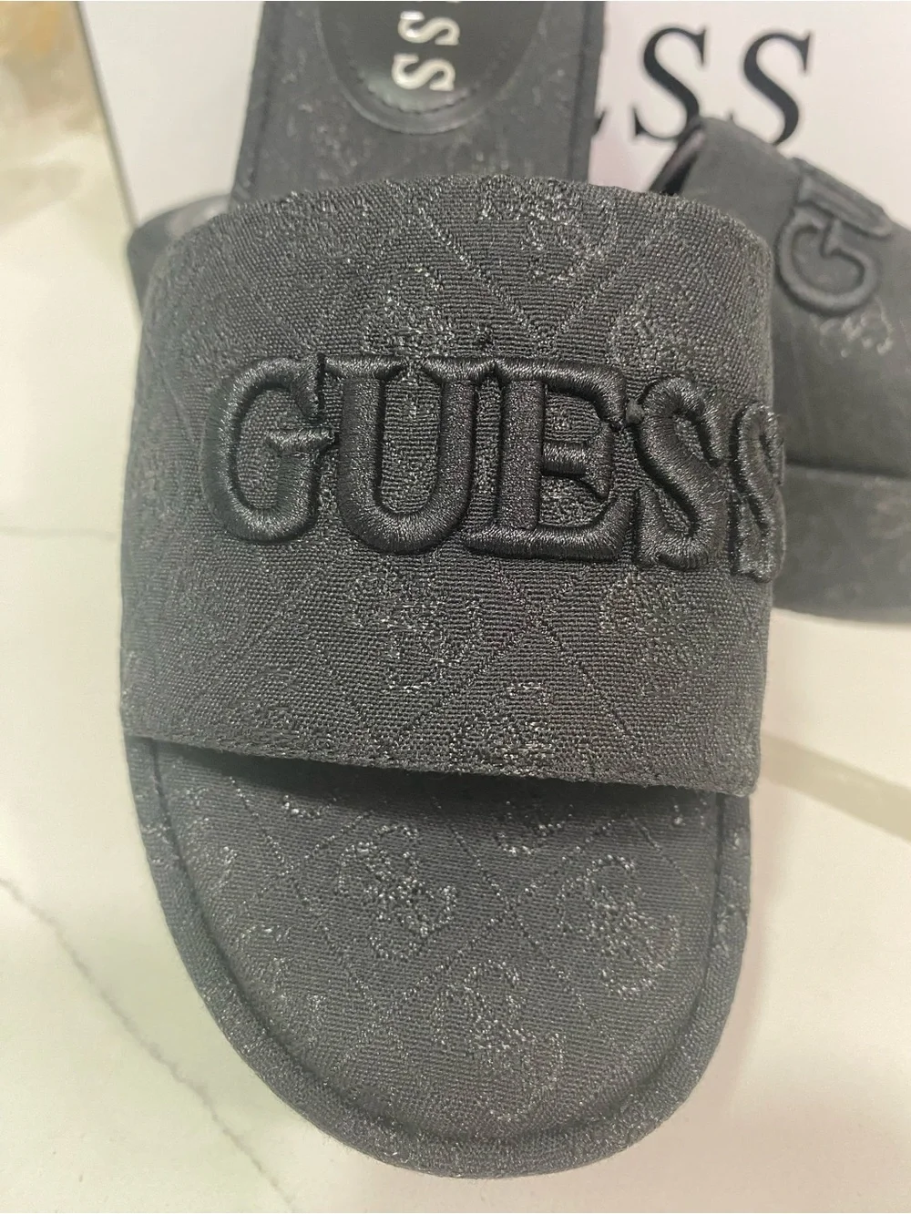 GUESS Black Embossed Logo Platform Slide Sandals